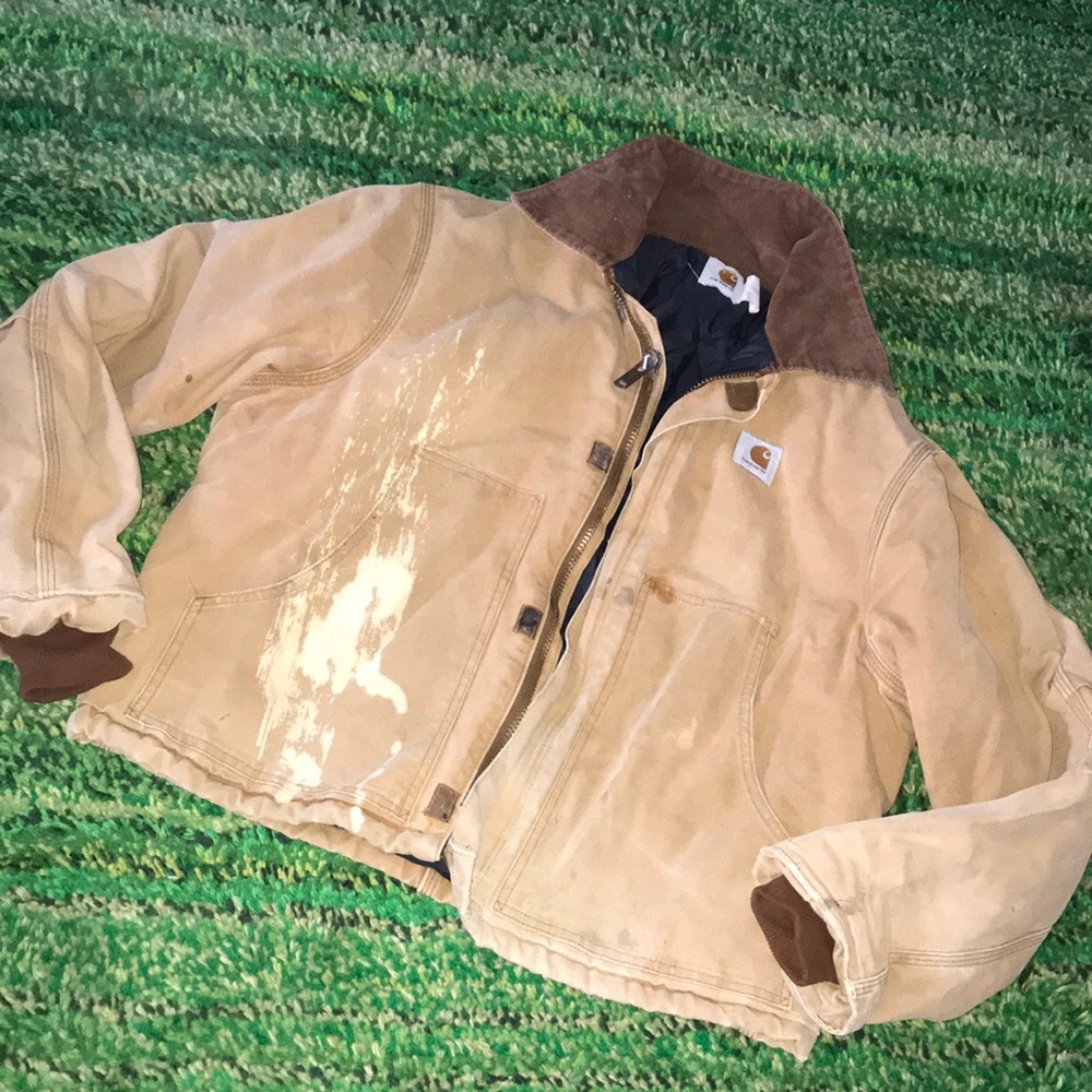 Carhartt Tan Work Jacket with Brown Collar